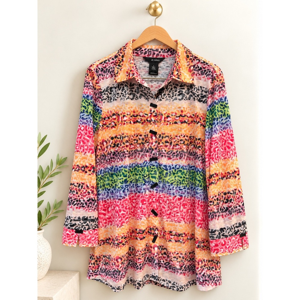 Ali Miles Womens Large Rainbow Leopard Print Button Down 3/4 Sleeve Tunic Top
